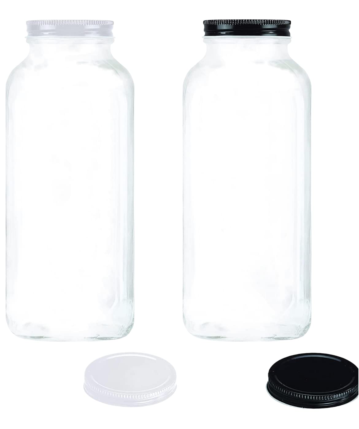 Glass Milk Bottle With 2 Extra Leak Free Lids Vintage Square Jugs 32 Ounces (Set of 2) Made in USA by Yes I Can