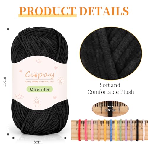 Image of Coopay Skinny Chenille Yarn for Crocheting and Knitting, 12 Pack of 50g /1.76oz - 1764yd Total, Crochet Yarn of Light Weights - Suitable for Baby Blankets, Plush Toys, Garments - Super Soft (Black)