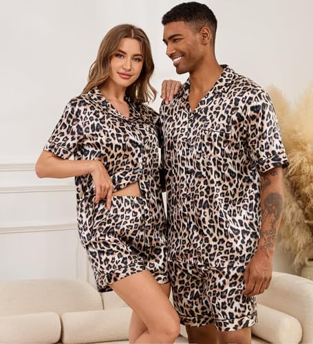 Image of SWOMOG Satin Matching Pajamas Sets Couple Silk Button Down Nightwear Women & Men Short Sleeve Sleepwear 2 Pieces Loungewear