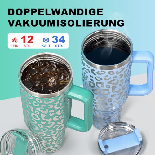 FECBK Thermobecher mit Strohhalm, Henkel und 2 Deckeln 1,2L, Nacht Panther – Ansicht 2