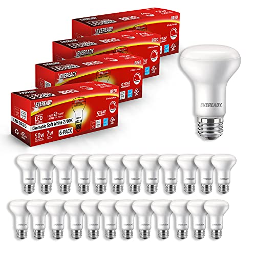 EVEREADY Led Flood Light Bulbs, BR20, 50 Watt Equivalent (7W Led Bulb), 525 Lumens, 2700K Soft White Color, Dimmable, E26 Base Flood Lights for Recessed Cans, Energy Star and UL Certified â€“ 24 Pack