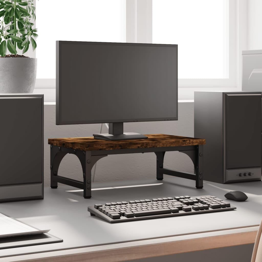 Soporte para monitor de madera de roble ahumado, 37 x 23 x 14 cm, altura regulable para trabajar ergonómicamente en la oficina en casa y juegos, con estante, gestión de cables y patas