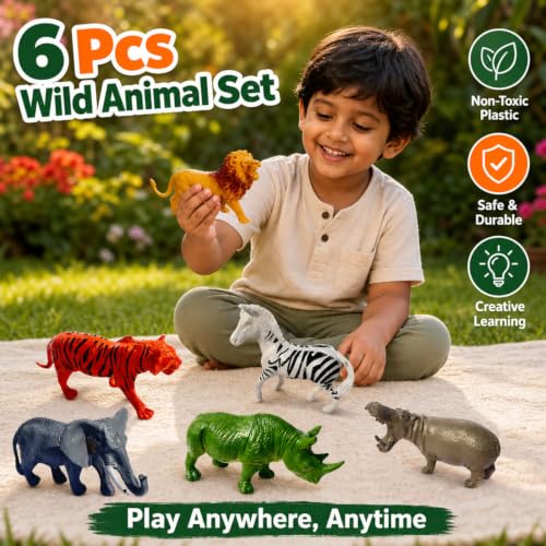 Image of ZESTHOME Bring the Jungle Home | 6PCS Wild Animal Toy Figures for Kids 3+ | Lion, Tiger, Elephant, Zebra, Rhino & Hippo | Ultimate Safari Playset | Perfect First Wildlife Collection