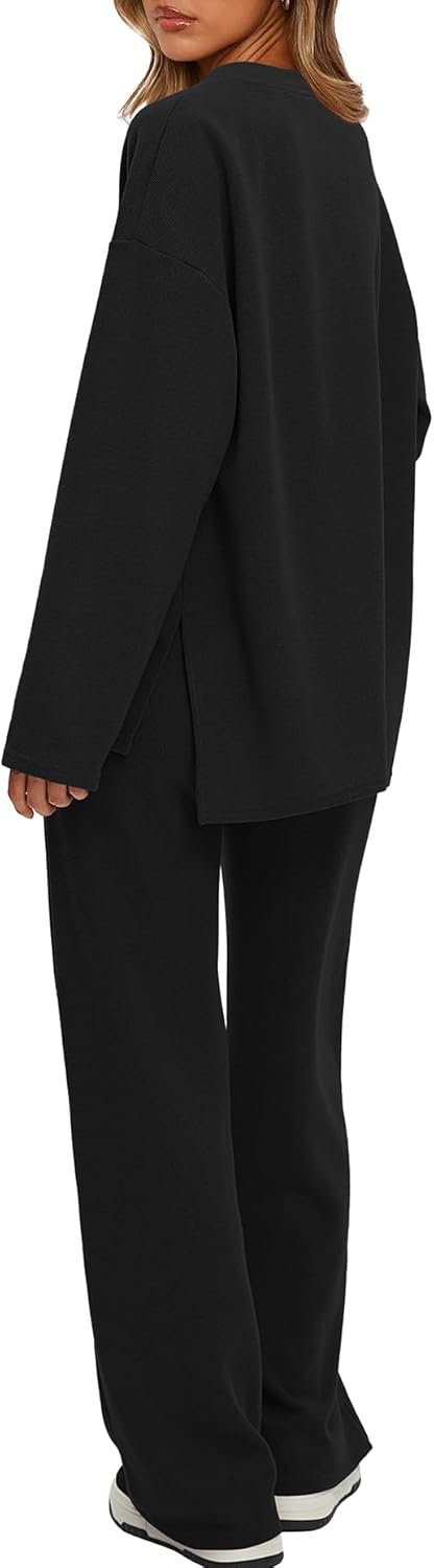 Darong Two Piece Outfits for Women Fall Lounge Sets Button Down Sweatshirt Wide Leg Pants Sweatsuits Set with Pockets - Image 2