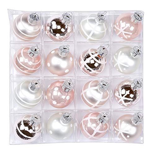 Magic 16 Weihnachtskugeln Glas 3cm Dekoriert Christbaumkugeln Christbaumschmuck Weihnachtsdeko Motive, Farbe: Noble Rose (hell rosa porzelanweiß)
