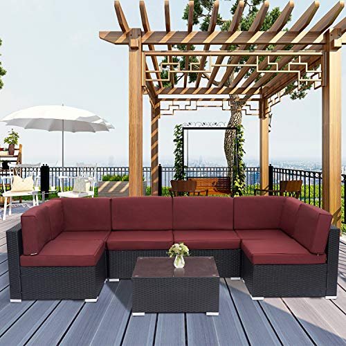 Kinsunny 7 PCs Outdoor Patio Sectional Set Black Rattan Wicker Furniture Sofa Set Conversation Chairs Thick Cushions with Pillows and Tea Table