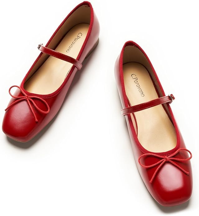 C.Paravano Mary Jane Shoes Bowknot Ballet Flats Womens Square Toe Flats with Strap Office Shoes Women Dressy,Office, Work, Wedding, Travel, Shopping(Red,Size9.5)