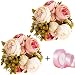 CEWOR 2 Pack Artificial Peony Silk Flowers Bouquet (Peach) with a roll of Satin Ribbon (Pink) for Home Bridal Wedding Party Festival Bar Decor