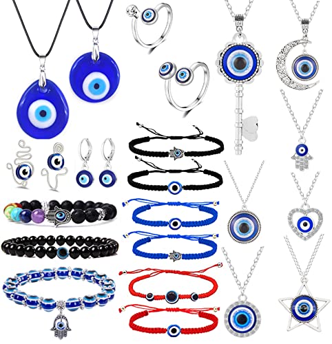 Svovin 23 Pieces Evil Eye Necklace Pendant for Women Men Turkish Lucky Blue Eyes Amulet Leather Rope...