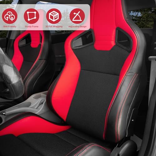 WTRAVEL Racing Seats 2 PCS Reclinable Bucket Seats with 2 Sliders Adjustable PU Leather Seats Universal Sport Seats for Cars (Black×Red, 37.0