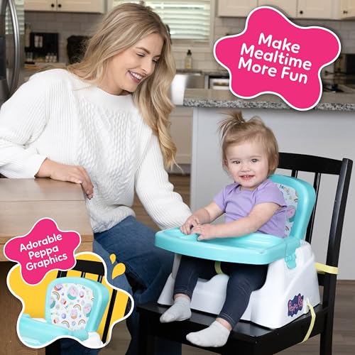 Image of Peppa Pig Booster Seat with Tray, Toddler Dining Chair for Kitchen Table with Adjustable Tray, Cup Holder & Safety Straps, Portable, Easy to Clean, Fits Most Chairs