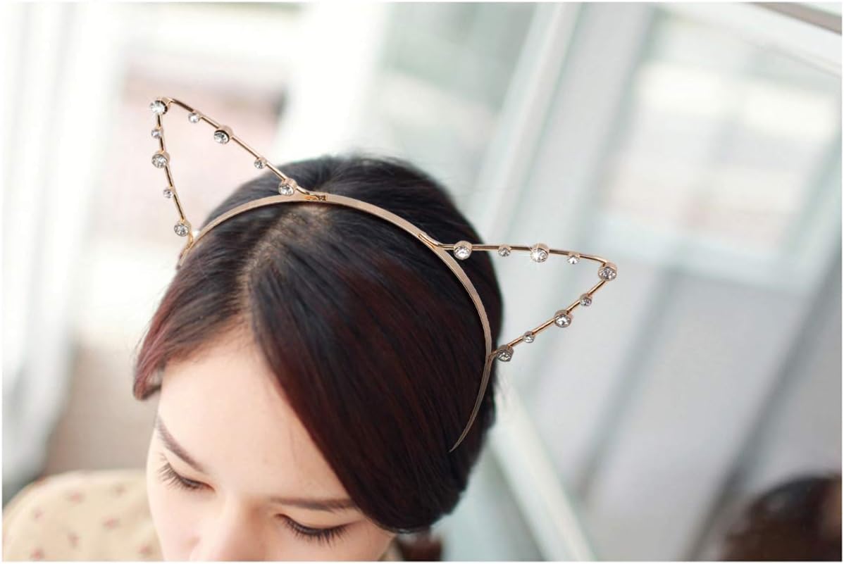 Beaupretty Rhinestone Cat Ear Headband Cute Animal Ear Hair Hoop Crystal Headwear Fancy Dress Hair Accessories For Wedding Costume Party (Golden) - Image 5