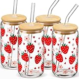 Glass Cups with Lids and Straws with Design Strawberry 4 pcs,Clear Glass Cups 16 oz-DWTS Drinking Glasses Set,Glass Tumbler,Cute Design Glass Iced Coffee Cups with Lids and Straws
