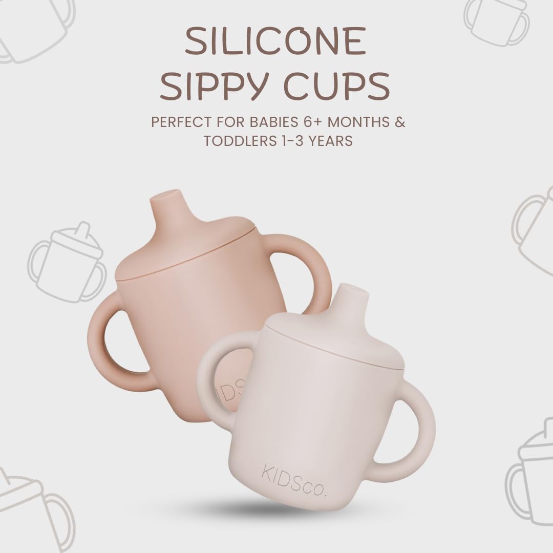 KIDSco. Silicone Sippy Cups (2 Pack) – Soft Spout & Easy Grip Handles for Babies 6+ months, Plastic Free, Toxic Free Silicone, Leak-Resistant, Dishwasher Safe (Pink and Sandy Shore)