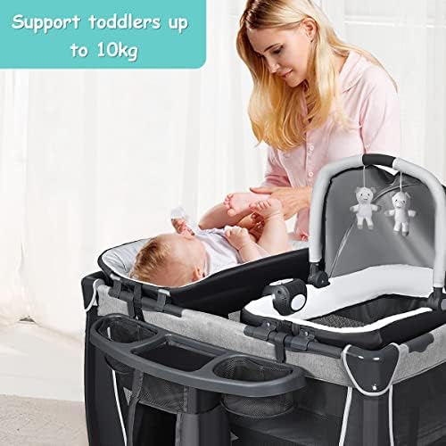 COSTWAY 4 in 1 Foldable Travel Cot, Portable Baby Bed Playard with Bassinet, Changing Table, Cradle, Music Box, Wheels and Carry Bag, Nursery Center for Boys and Girls (Grey)