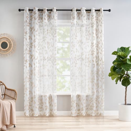 Treatmentex Cortinas Traslúsidas con Estampado de Hojas para Salón, Cortinas de Ventana Botánicas para Dormitorio con Textura de Lino Claro 2 Piezas, 136x175cm, Blanco y marrón Claro