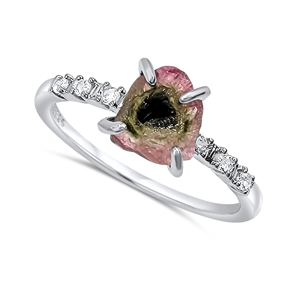 Real Raw Watermelon Tourmaline Dainty Ring white Gold Birthstone gift for sister daughter niece Christmas birthday Uniquelan Jewelry (watermelon-tourmaline, 8)