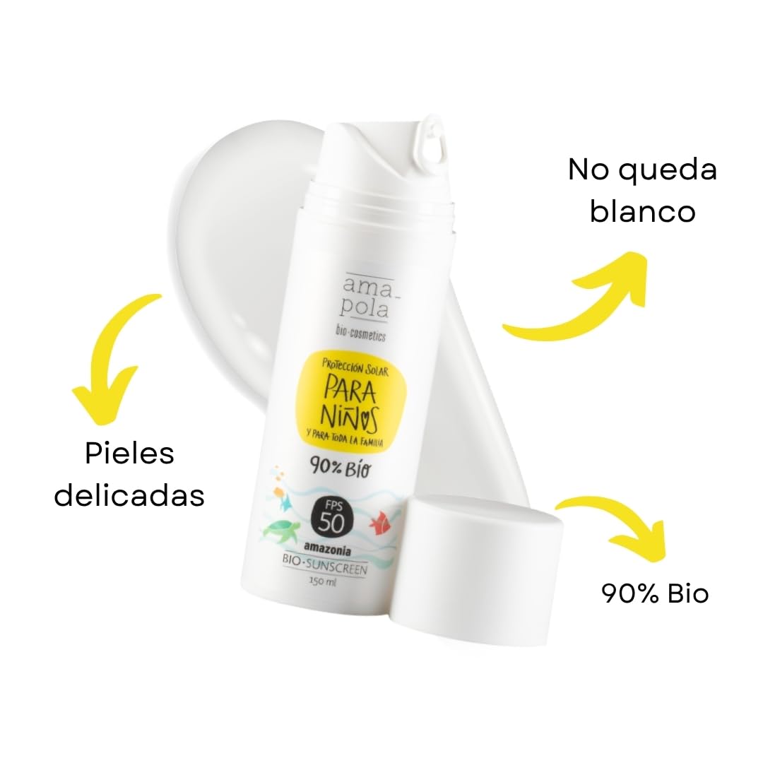 AMAPOLA BIO Protector Solar Infantil Mineral SPF 50-90% Bio - Crema sin Efecto Blanco - Fácil de Extender - Protección UVA y UVB - Orgánica Certificada para Bebés y Niños - 300 ml