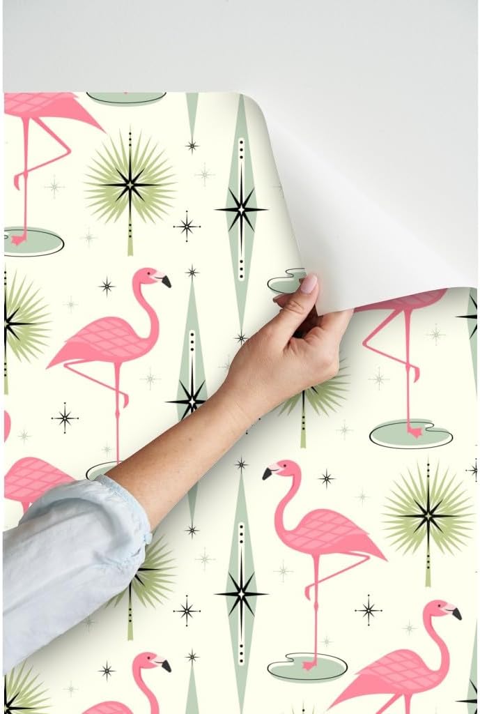 Spoonflower Peel & Stick Wallpaper 6ft x 2ft - Atomic Flamingo Vertical Pink Flamingos Palm Leaves Diamonds Mid Century Retro Fifties 1950S Birds Custom Removable Wallpaper