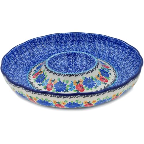 Authentic Polish Pottery Chip and Dip Platter 12-inch in Floweret Design Handmade in Boles?awiec Poland by Ceramika Artystyczna + Certificate of Authenticity