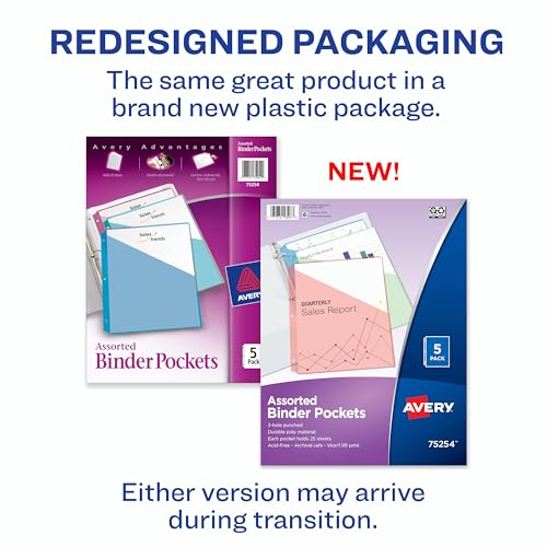 Image of Avery Binder Pockets for 3 Ring Binders, Assorted Colors, Fits 8.5 inch x 11 inch Documents, Acid-Free and Archival-Safe (75254), 5 Count (Pack of 12)