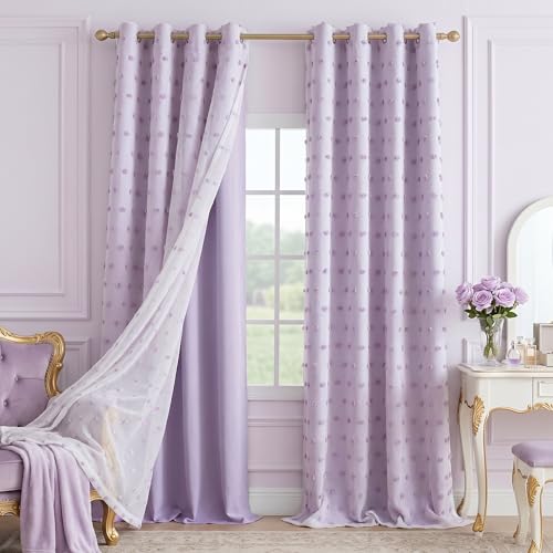 MYSKY HOME Lilac Pom Pom Sheer and Blackout Curtains for Kids Bedroom 84 Inches Long Nursery Curtains Girls Room Darkening Double Layer Window Drapes for Toddler Grommet Lilac 52 x 84 Inch 2 Pieces