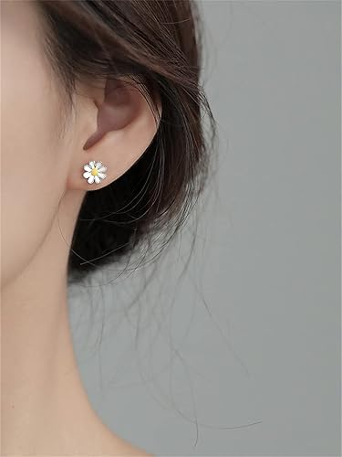 Miniatura 6 de Aretes pequeños esmaltados de verano con margaritas y girasoles blancos delicados de plata de ley 925, cartílago de flores pequeñas, aretes