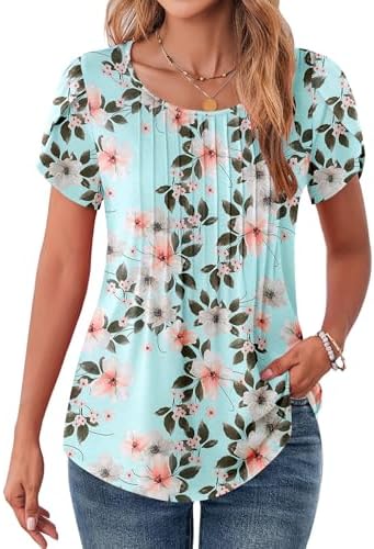 Zeagoo Womens Tops Petal Short Sleeve Summer Casual Crew Neck Shirts Floral Solid Blouse Pleated Tunics