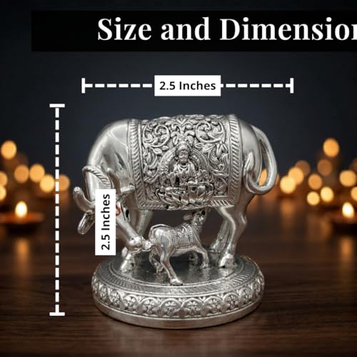 Image of Silver Plated Kamdhenu Cow Idol | Vastu Home Decor for Pooja Room & Mandir | Ideal Religious & Spiritual Gift | 2.5 inch