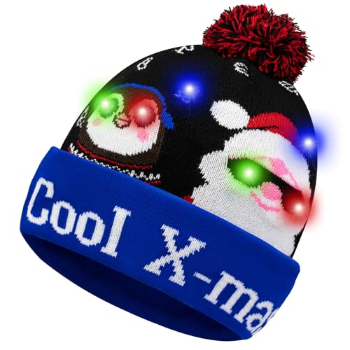 CHAWONER Chapeau de Noël lumineux à DEL pour enfants et adultes avec 6 lumières clignotantes colorées, bonnet de Noël chaud tricoté phosphorescent, pull de Noël moche pour les vacances