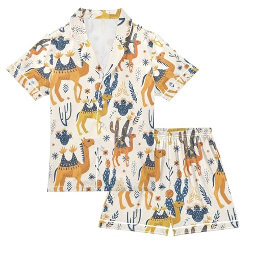 senya Desert Camel Satin Summer Pajama Sets Silk Short Sleeve Button Down Sleepwear