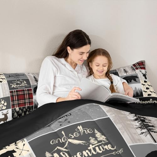 Rustic Deer Bear Quilt For Boys, Rustic Lodge Patchwork Comforter Set Full Size, Vintage Woodland Animal Duvet Insert Adventure Camping Buffalo Plaid Bedding Set Farmhouse Decorations, Gray Black by Erosebridal - Used condition - Image 5