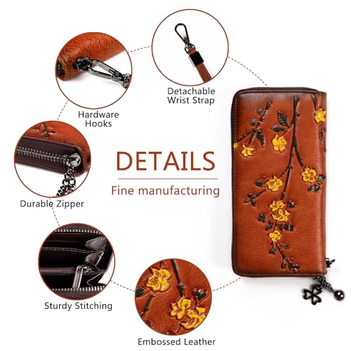 Wallet Genuine Leather for Women - with RFID Blocking Card checkbook ID Slot Large Capacity Vintage style (flower brown)4