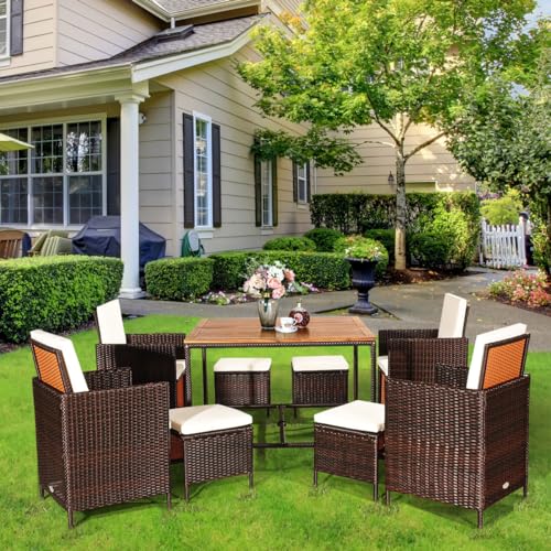 LIFEZEAL 9 TLG. Gartenmöbel Set, Polyrattan Garten Esssitzgruppe mit Sitzkissen, Rattan Essgruppe mit Tisch, Sessel & Hocker, Balkonmöbel Set für bis zu 8 Personen