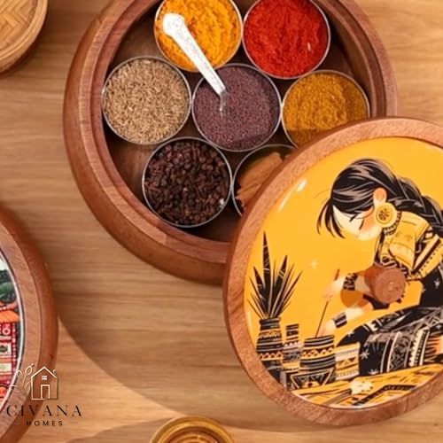 Image of Wooden Spice box for kitchen with spoon, Mango wood box with 7 Steel containers | Masala box for kitchen | Masala Dani | Best Gift (Yellow Masala Box)