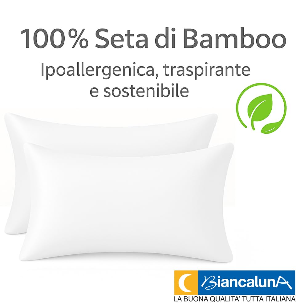 BIANCALUNA | Coppia Federe Letto in Seta di Bamboo CLARA | Anticrespo | Antirughe | Ipoallergeniche | Traspiranti |Eleganti e Morbide | 50x80 cm | Made in Italy (BIANCO)