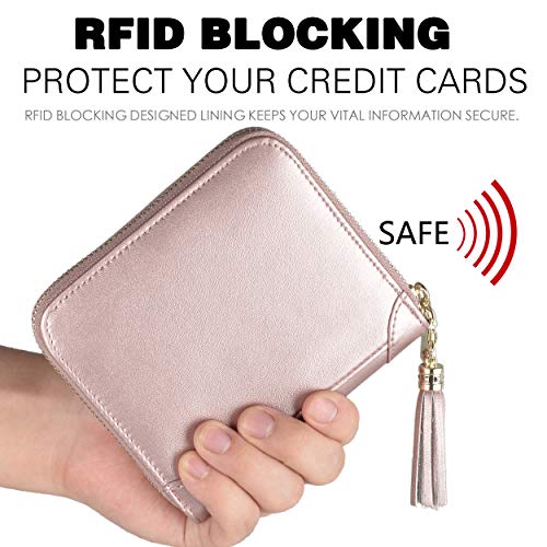 Easyoulife Womens Credit Card Holder Wallet Zip Leather Card Case RFID Blocking (Rose Gold) - Thumbnail 4