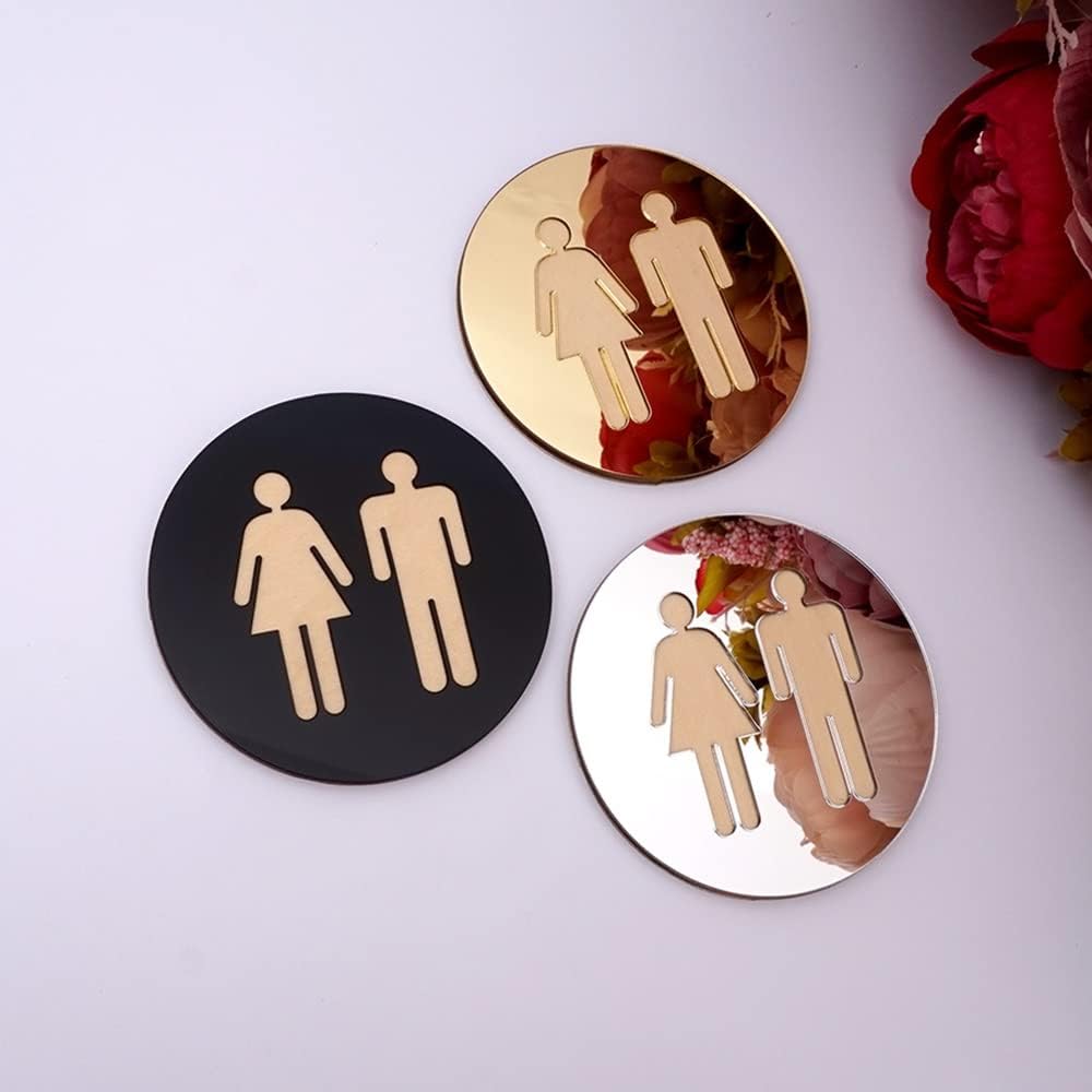 MOMOJIA 3D Acrylic Mirror Round Toilet Door Sign, Bathroom WC Black Gold Silver Modern Wood Base Wall Sticker Home Decor 4.7/6/8in (Color : Silver, Size : 8 in (20cm))