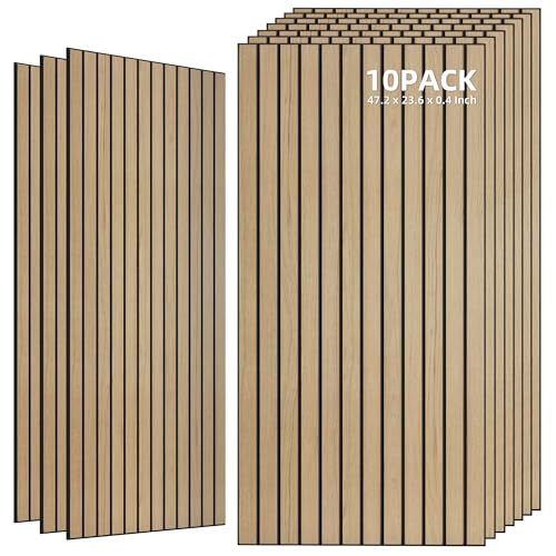 TO-TH Wood-Look Acoustic Wall Panels, 10 Pack 47.2” x 23.6” Sound Panels, Decorative Wood Panels for Wall Sound Dampening Panels for Home, Office, Basement, Teak with Mitered Edges