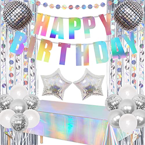 Iridescent Holographic Birthday Party Decorations, Shiny Happy Birthday Banner Circle Garland Fringe Curtain Iridescent Tablecloth Balloons, Holographic Party Supplies #TOP9