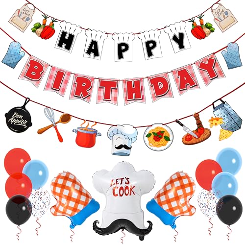 Pirese Chef Birthday Decorations, Cooking Themed Happy Birthday Banner with Balloons, Chef Hat & Mittens Foil Balloons, Kitchen Party Decor for Food Lovers, Pre-Strung, Cute Cookout Party Supplies