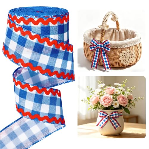 JarThenaAMCS Blue White Gingham Ribbon with Red RIC Rac Trim 2.5 Inch x 10 Yards Plaid Wired Fabric Ribbon for Floral Wreath DIY Crafts Gift Wrapping Holiday Home Party Decorations