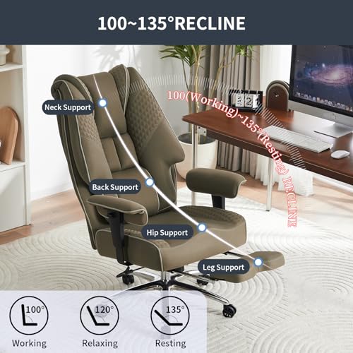 Big and Tall Office Chair 400lbs Wide Seat, Leather High Back Executive Office Chair with Foot Rest, Ergonomic Chairs Lumbar Support for Lower Back Pain Relief (Mesh Light Green)