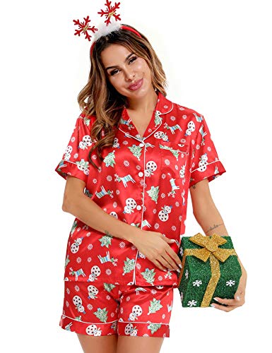Image of SWOMOG Womens Silk Satin Pajamas Set Short Sleeve Sleepwear Button Down Top and Shorts Loungewear 2 Piece Pjs Set XS-3XL