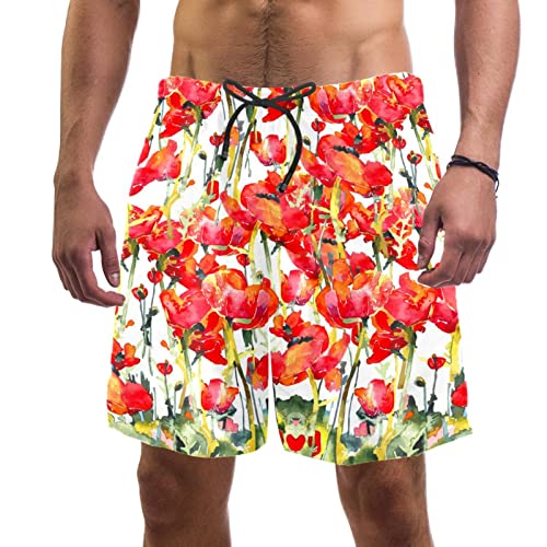 Short de plage à séchage rapide JDEZ maillot de bain homme coquelicots rouges confortable