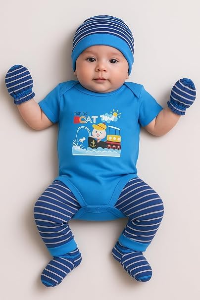 Image of EIO Newborn Baby Cotton Romper Set - Onesie Bodysuit, Cap, Pants & Booties with Mittens | Unisex Baby Clothing Combo for Boys & Girls