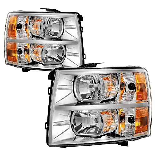 Image of oEdRo Headlights Assembly Compatible with 2007-2013 Chevy Silverado 1500 /2007-2014 Silverado 2500HD 3500HD Replacement Headlamp Chrome Housing Clear Lens Amber Reflector