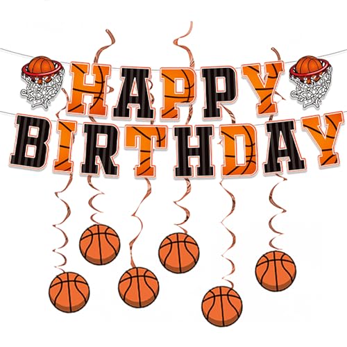 PANRRPERS Basketball Happy Birthday Banners Basketball Themed Party Decorations Hanging Swirl Basketball Birthday Party Bunting Sign for Kids Teenagers Boys Men