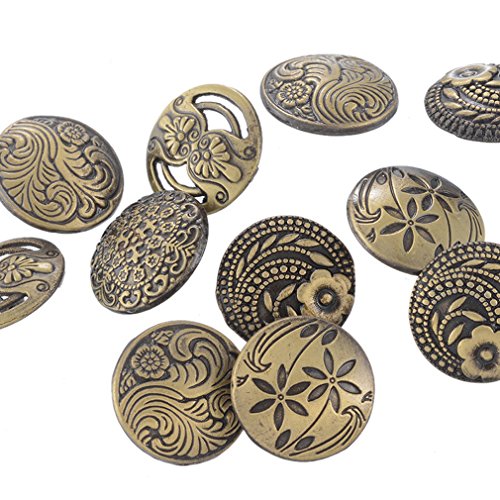 Souarts Mixed Antique Bronze Color Round Shape Pattern Engraved Metal Buttons Pack of 30pcs