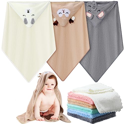 Image of Hooded Towel Set for Newborn Boys and Girls Soft Terry Baby Hooded Bath Wrap and Washclothes Set for Baby Supplies, Totally 9 Pieces (Elephant, Bear, Deer)